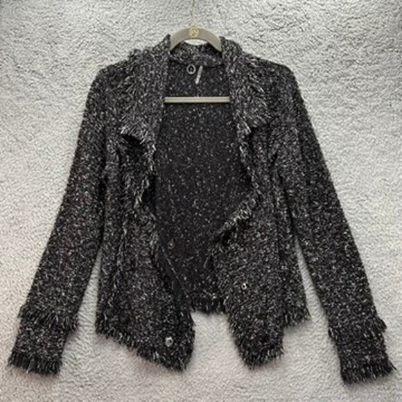 One Girl Who Medium Jacket Snaps Stretchy Long Sleeves Black White Fringe - Picture 12 of 12